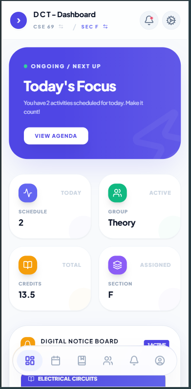 DIU Tracker Dashboard showing unified dashboard, routine preview, notifications